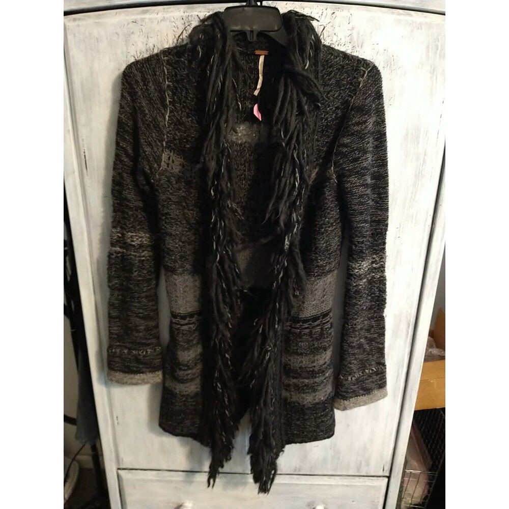 Free People Fringed Open Sweater Cardigan Sm Boho Grunge Loganlook Gray Black